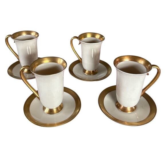 Set (4) Flintridge China Irish Coffee / Tea Cup & Saucer White w/ Gold Trim - Picture 1 of 5